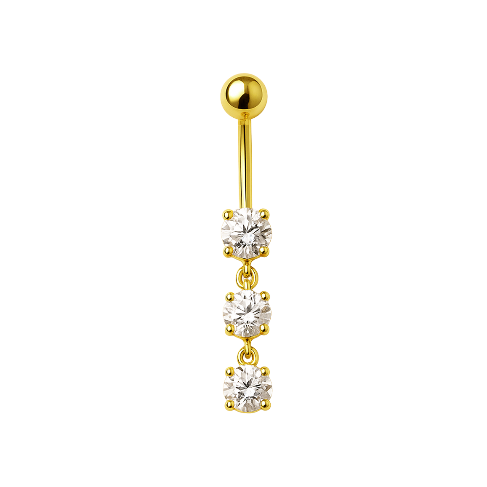 925 Silver Heart Belly Ring in gold-plated sterling silver with three round CZ stones, elegant dangling design for body jewelry lovers.