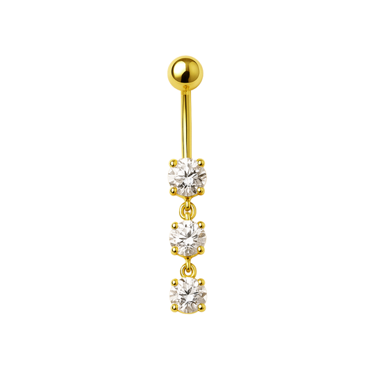 925 Silver Heart Belly Ring in gold-plated sterling silver with three round CZ stones, elegant dangling design for body jewelry lovers.
