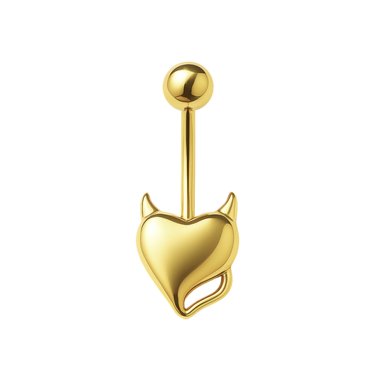 925 Silver Heart Belly Ring in gold-plated finish featuring a devil horn and tail design. Sterling Silver Body Jewelry with a bold, edgy charm.