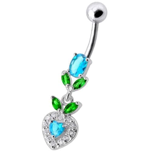 925 Sterling Silver Fancy Multi Stone Leafs With Heart Dangling Navel Ring - Monster Piercing
