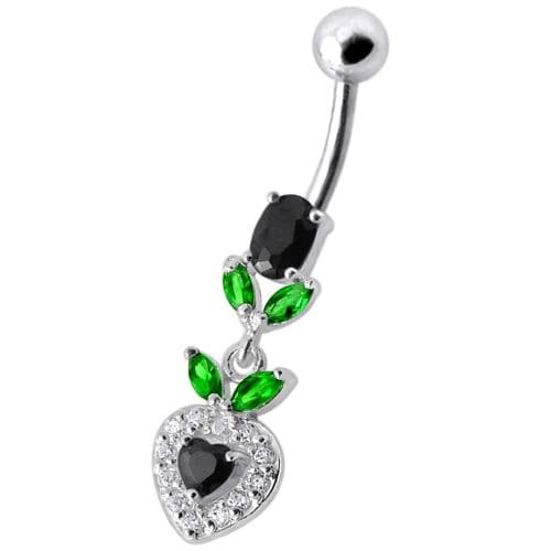 925 Sterling Silver Fancy Multi Stone Leafs With Heart Dangling Navel Ring - Monster Piercing