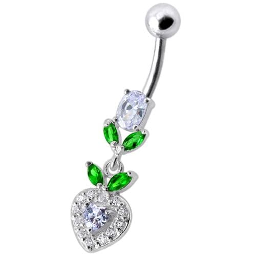 925 Sterling Silver Fancy Multi Stone Leafs With Heart Dangling Navel Ring - Monster Piercing