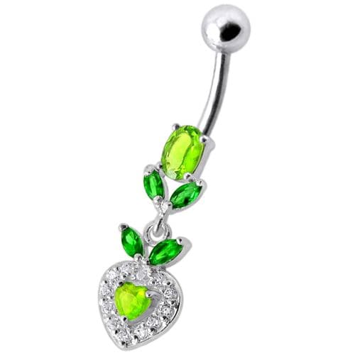 925 Sterling Silver Fancy Multi Stone Leafs With Heart Dangling Navel Ring - Monster Piercing