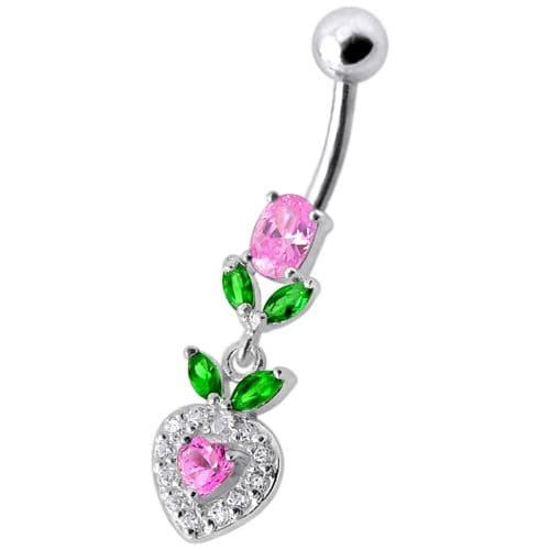 925 Sterling Silver Fancy Multi Stone Leafs With Heart Dangling Navel Ring - Monster Piercing