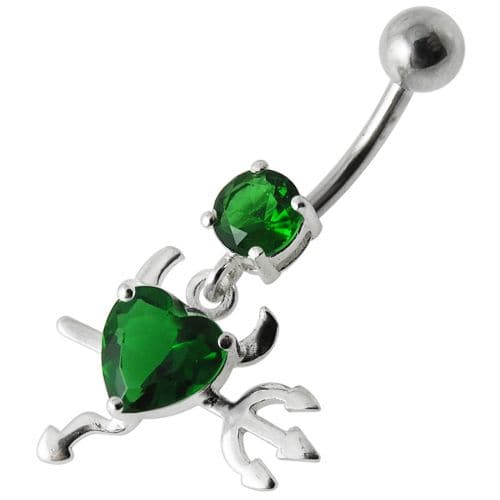 925 Sterling Silver Jewelled Devil heart Dangling Belly Ring - Monster Piercing
