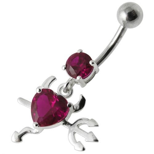 925 Sterling Silver Jewelled Devil heart Dangling Belly Ring - Monster Piercing