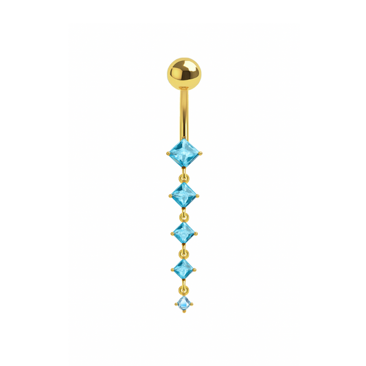 925 Silver Heart Belly Ring in gold plating with cascading blue CZ stones. Sterling silver dangling belly bar for elegant body jewelry style.