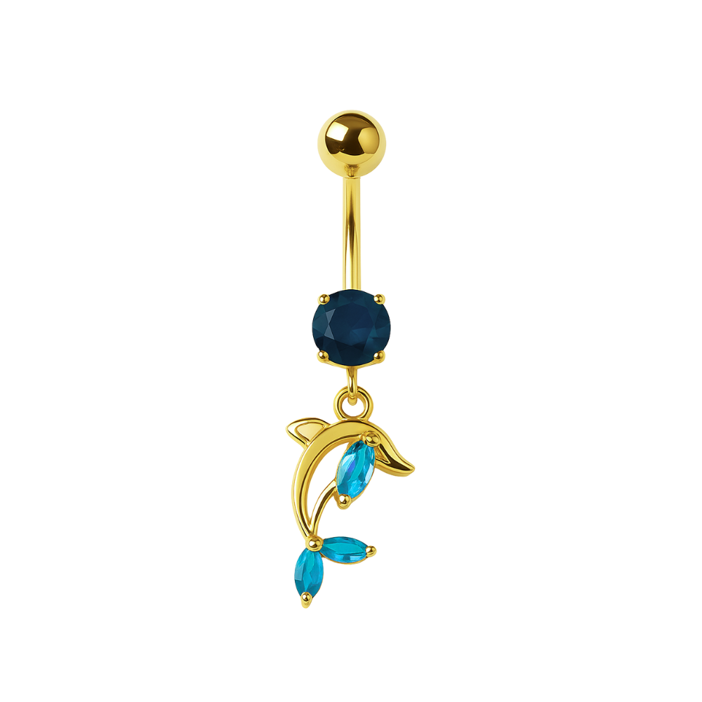 925 Silver Heart Belly Ring in gold-plated sterling silver with a dolphin charm and aqua CZ stones. Elegant dangling belly piercing for body jewelry lovers.