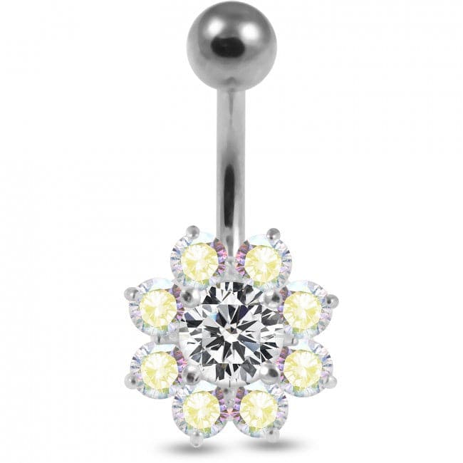 Jeweled Sterling silver Flower Non-Moving Belly Ring - Monster Piercing