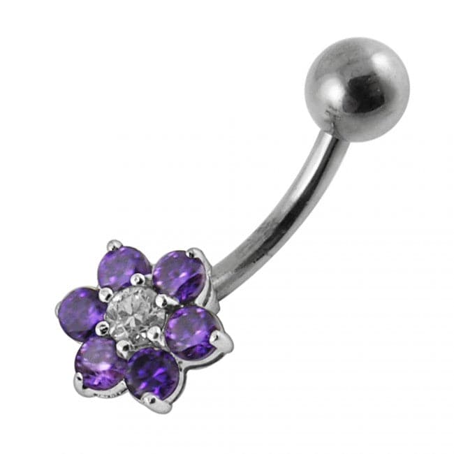 925 Sterling Silver Jewelled Flower Non-Moving Belly Ring - Monster Piercing