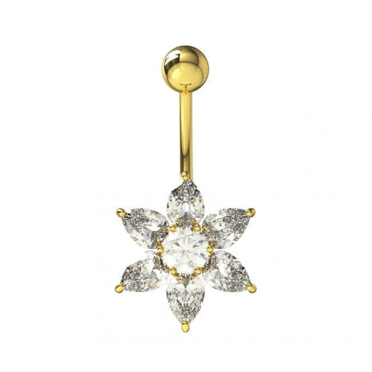 925 Sterling Silver Yellow Gold Plated Clear Jewel Flower Navel Belly Bar - Monster Piercing