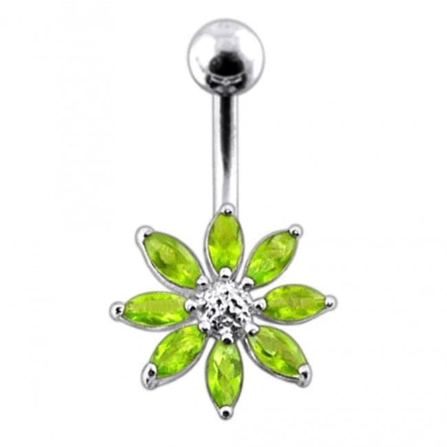 Silver Jeweled Flower With SS Curved Bar Belly Button Navel Ring - Monster Piercing