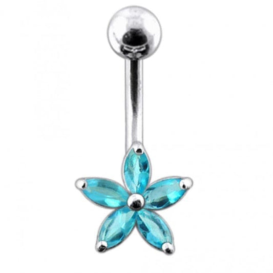 925 Sterling Silver Single Colour Jewelled Flower With SS Curved Banana Belly Ring - Monster Piercing