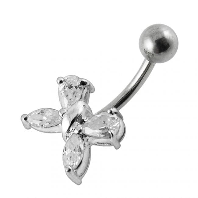 925 Sterling Silver Flower Design Non-moving Belly Ring - Monster Piercing