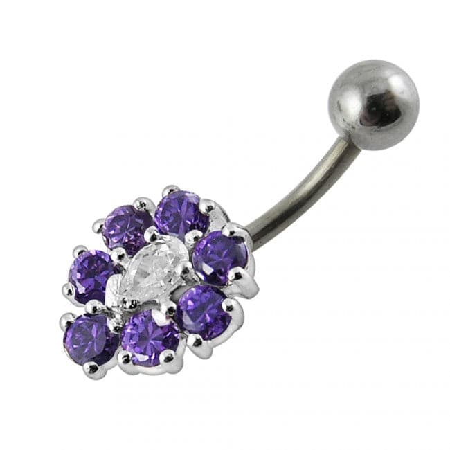 925 Sterling Silver Fancy Jewelled Flower SS Curved Non-Moving Belly Ring - Monster Piercing