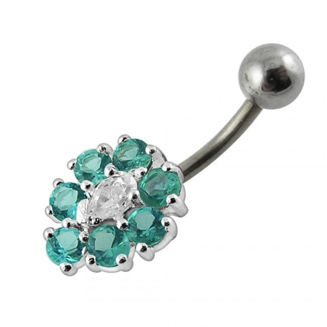 925 Sterling Silver Fancy Jewelled Flower SS Curved Non-Moving Belly Ring - Monster Piercing