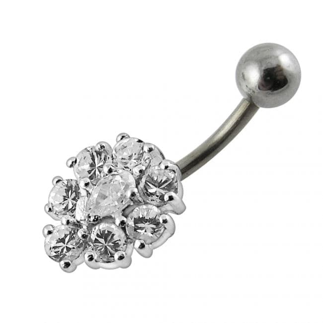 925 Sterling Silver Fancy Jewelled Flower SS Curved Non-Moving Belly Ring - Monster Piercing