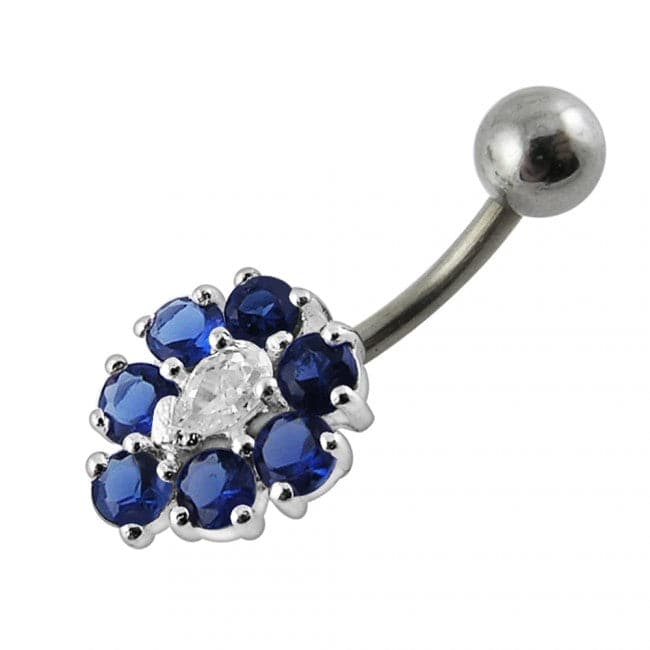 925 Sterling Silver Fancy Jewelled Flower SS Curved Non-Moving Belly Ring - Monster Piercing