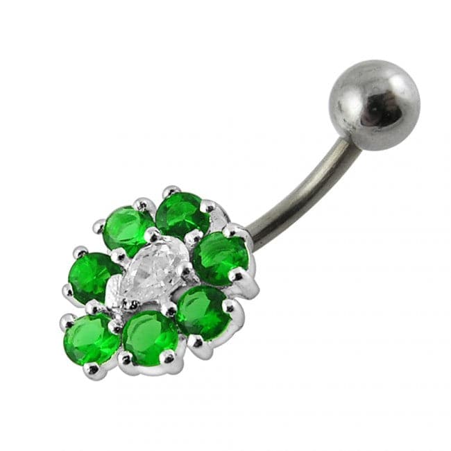 925 Sterling Silver Fancy Jewelled Flower SS Curved Non-Moving Belly Ring - Monster Piercing