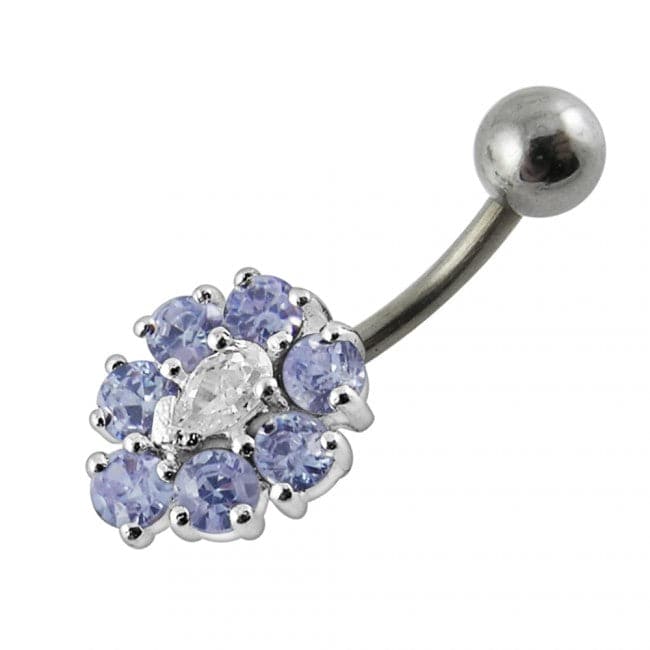 925 Sterling Silver Fancy Jewelled Flower SS Curved Non-Moving Belly Ring - Monster Piercing