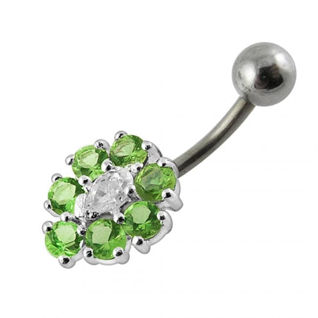 925 Sterling Silver Fancy Jewelled Flower SS Curved Non-Moving Belly Ring - Monster Piercing