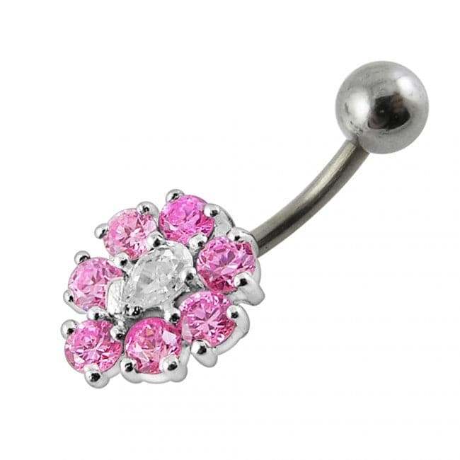 925 Sterling Silver Fancy Jewelled Flower SS Curved Non-Moving Belly Ring - Monster Piercing