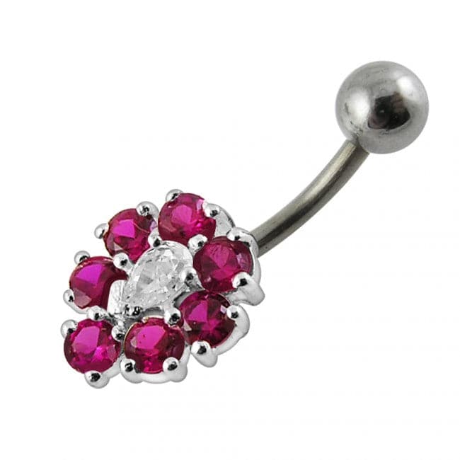 925 Sterling Silver Fancy Jewelled Flower SS Curved Non-Moving Belly Ring - Monster Piercing