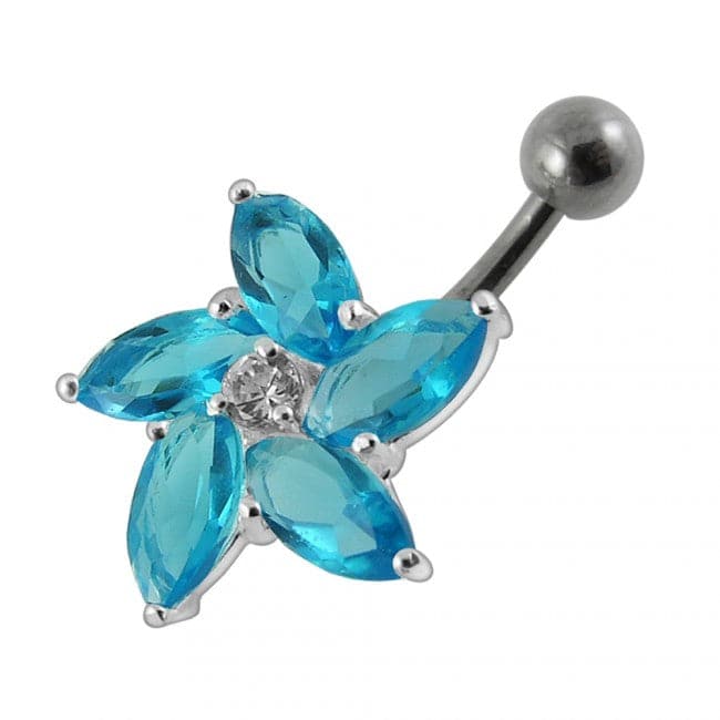 925 Sterling Silver Jewelled Flower With SS Curved Non-Moving Belly Ring - Monster Piercing