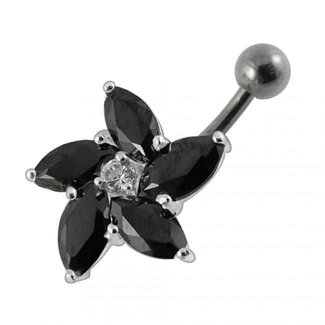 925 Sterling Silver Jewelled Flower With SS Curved Non-Moving Belly Ring - Monster Piercing