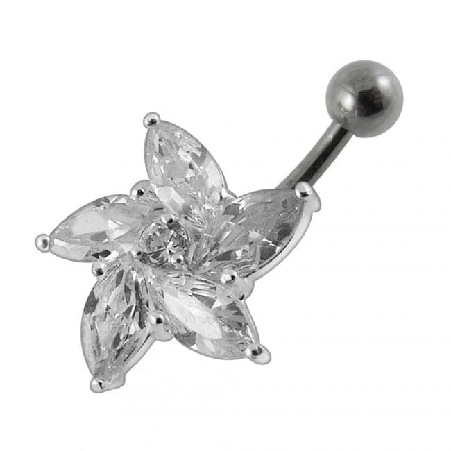 925 Sterling Silver Jewelled Flower With SS Curved Non-Moving Belly Ring - Monster Piercing