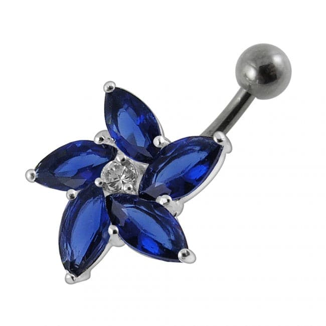 925 Sterling Silver Jewelled Flower With SS Curved Non-Moving Belly Ring - Monster Piercing