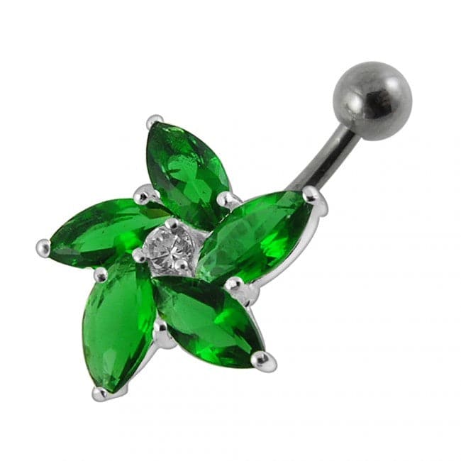 925 Sterling Silver Jewelled Flower With SS Curved Non-Moving Belly Ring - Monster Piercing