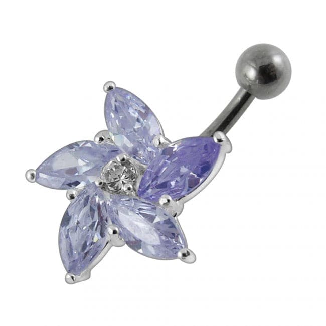 925 Sterling Silver Jewelled Flower With SS Curved Non-Moving Belly Ring - Monster Piercing