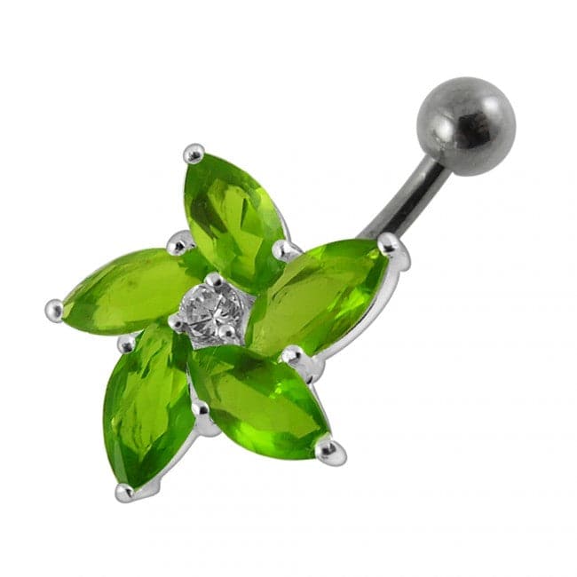 925 Sterling Silver Jewelled Flower With SS Curved Non-Moving Belly Ring - Monster Piercing