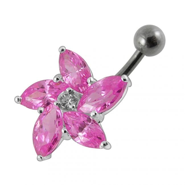 925 Sterling Silver Jewelled Flower With SS Curved Non-Moving Belly Ring - Monster Piercing