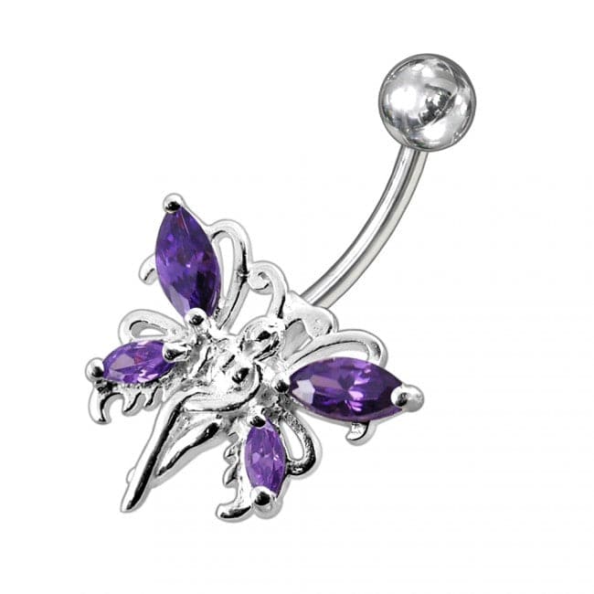 925 Sterling Silver Butterfly angel Jewelled Non-Moving Belly Ring - Monster Piercing