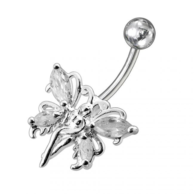925 Sterling Silver Butterfly angel Jewelled Non-Moving Belly Ring - Monster Piercing