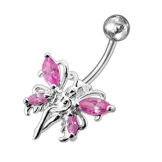 925 Sterling Silver Butterfly angel Jewelled Non-Moving Belly Ring - Monster Piercing