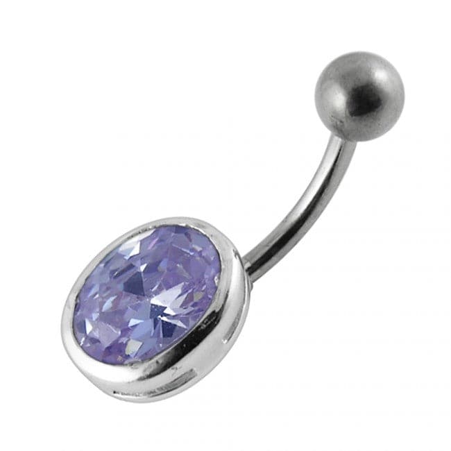 925 Sterling Silver Single Oval Shape Jewelled Non-Moving Belly Ring - Monster Piercing