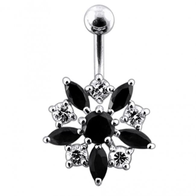 925 Sterling Silver Jewelled Flower Non-Moving SS Banana Bar Belly Ring - Monster Piercing