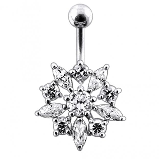 925 Sterling Silver Jewelled Flower Non-Moving SS Banana Bar Belly Ring - Monster Piercing