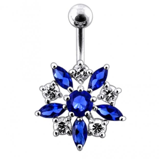 925 Sterling Silver Jewelled Flower Non-Moving SS Banana Bar Belly Ring - Monster Piercing