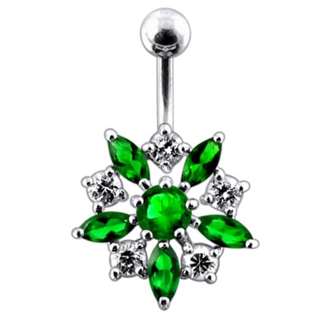 925 Sterling Silver Jewelled Flower Non-Moving SS Banana Bar Belly Ring - Monster Piercing