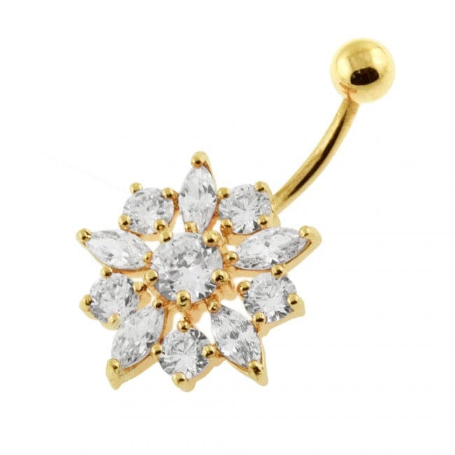 925 Sterling Silver Jewelled Flower Non-Moving SS Banana Bar Belly Ring - Monster Piercing