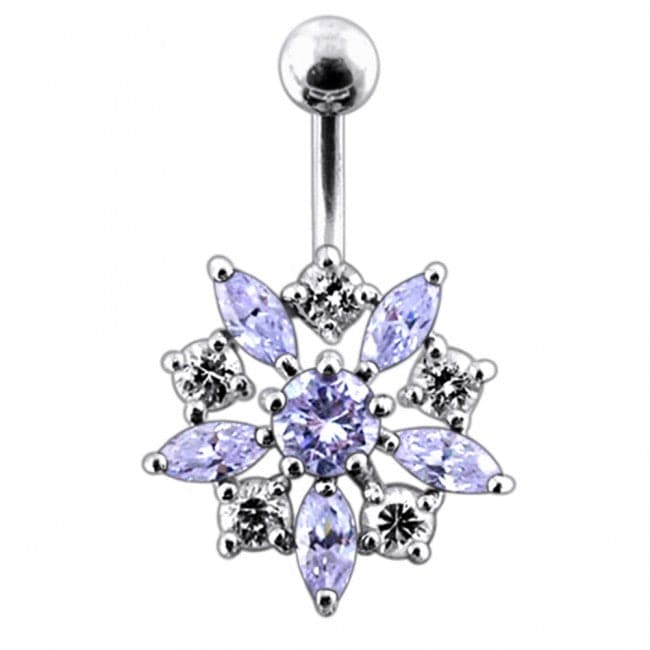 925 Sterling Silver Jewelled Flower Non-Moving SS Banana Bar Belly Ring - Monster Piercing