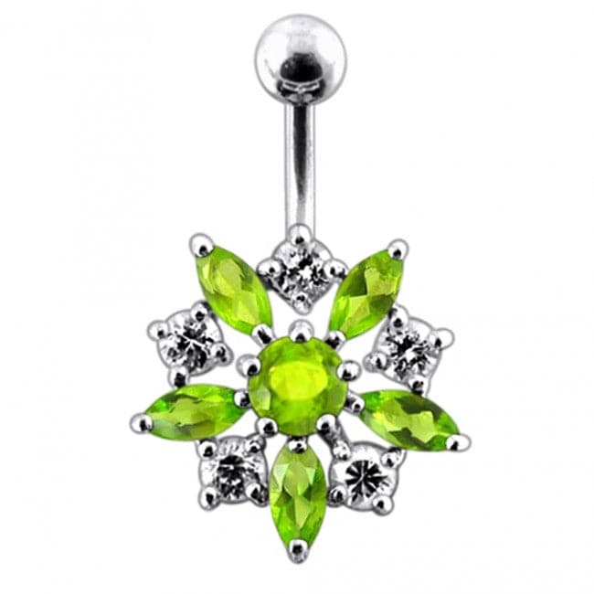 925 Sterling Silver Jewelled Flower Non-Moving SS Banana Bar Belly Ring - Monster Piercing