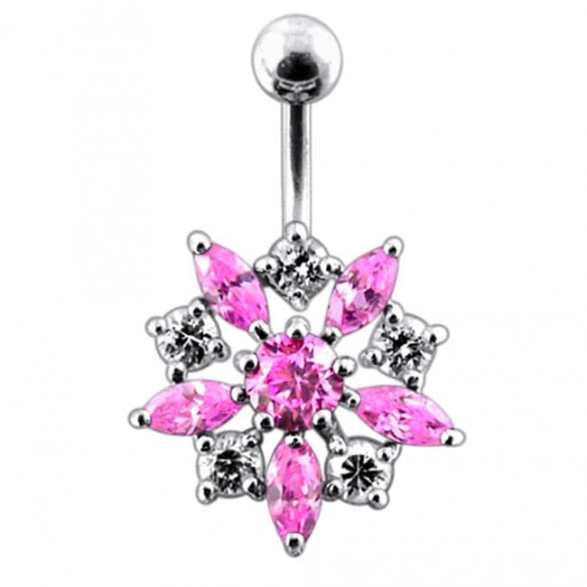 925 Sterling Silver Jewelled Flower Non-Moving SS Banana Bar Belly Ring - Monster Piercing