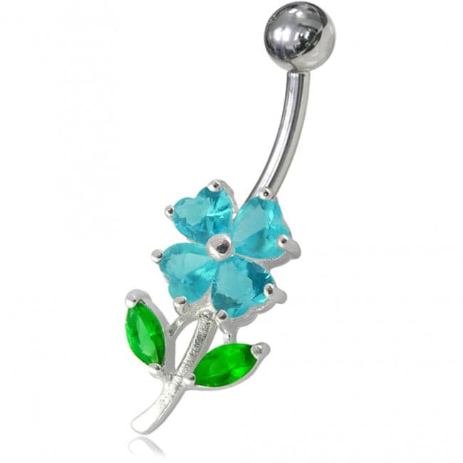 925 Sterling Silver Jewelled Flower Leaf Non-Moving Belly Ring - Monster Piercing