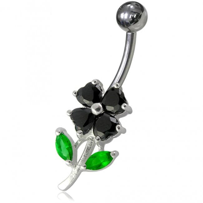 925 Sterling Silver Jewelled Flower Leaf Non-Moving Belly Ring - Monster Piercing