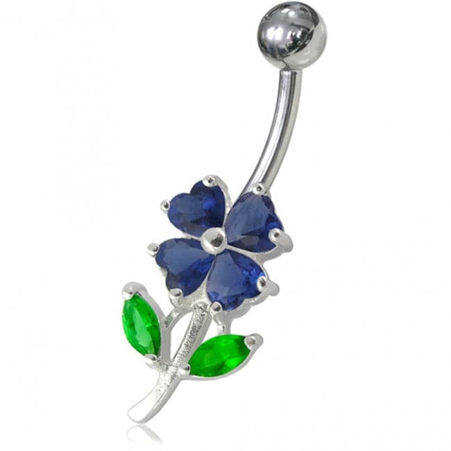 925 Sterling Silver Jewelled Flower Leaf Non-Moving Belly Ring - Monster Piercing